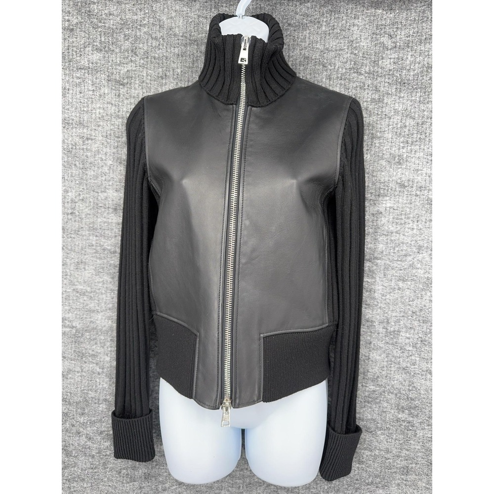Theory Jacket Womens Small Black Lamb Bonded Leather Ribbed Knit Bomber Full Zip